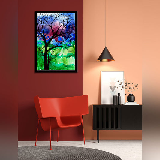 "Cool Color Tree: A Serene Watercolor Representation of Nature."