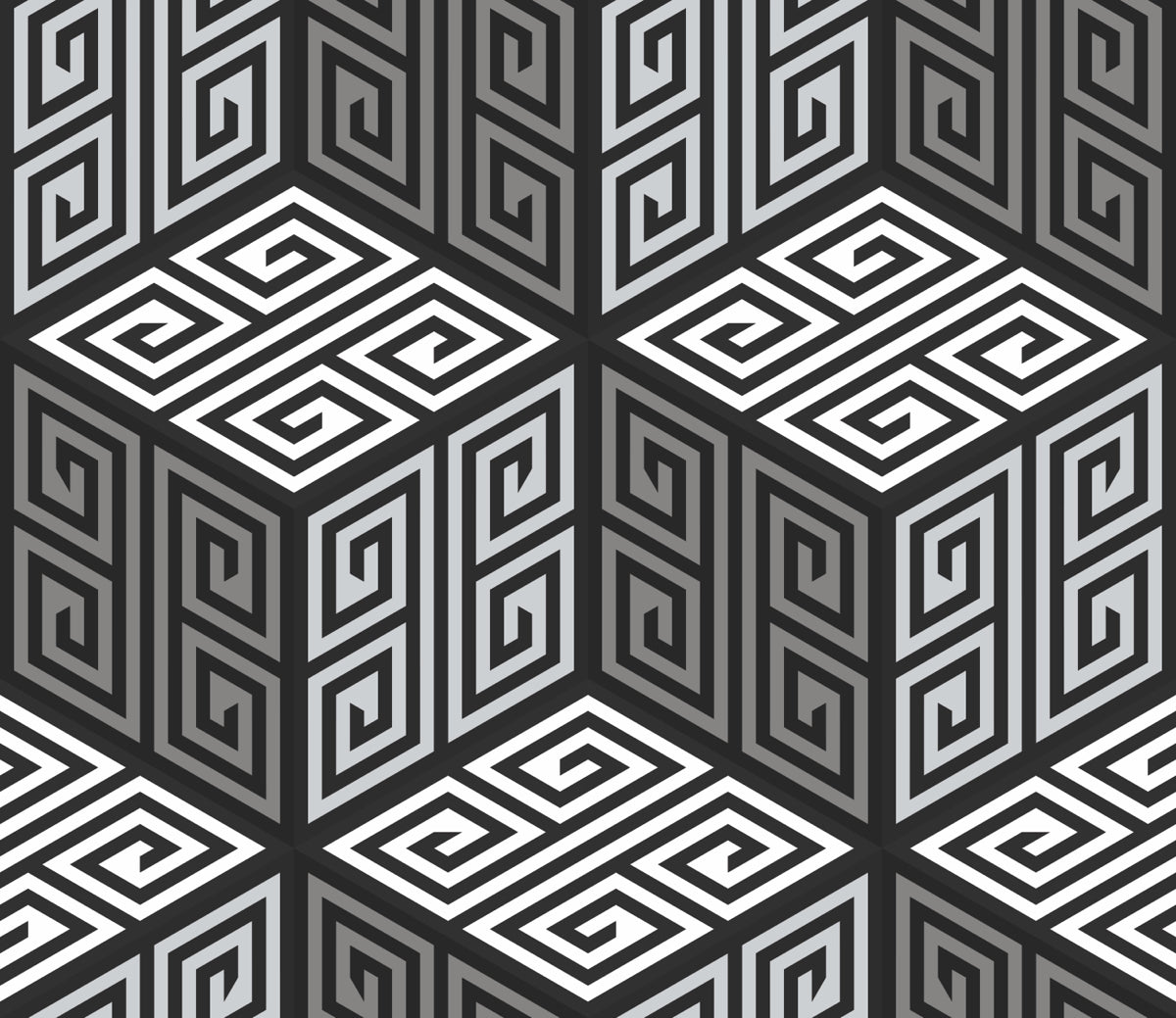 3D Monochrome Cube Stretch Ceiling – Geometric Greek Key Design