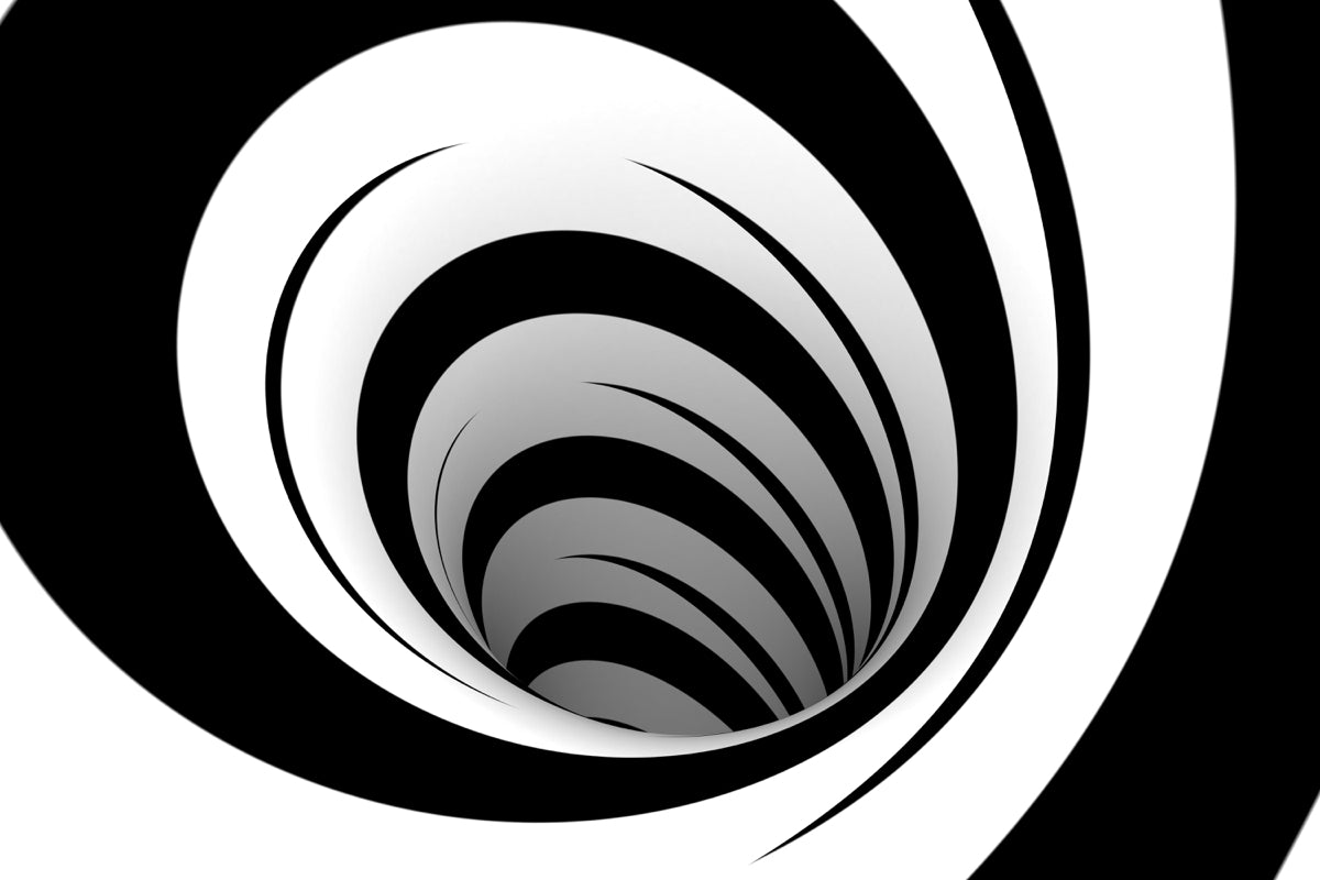 3D Monochrome Spiral Stretch Ceiling – Bold Optical Illusion Design