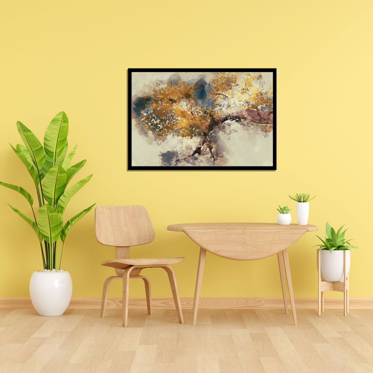 "Capturing Autumn's Splendor: Digital Watercolor Painting of Yellow Leaves."