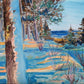 "Winter Serenity: Oil Painting of Snow-Covered Pine Trees by the Sea."