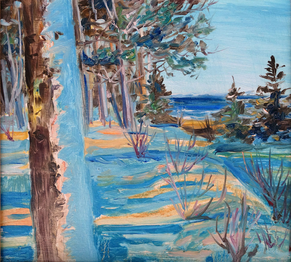 "Winter Serenity: Oil Painting of Snow-Covered Pine Trees by the Sea."