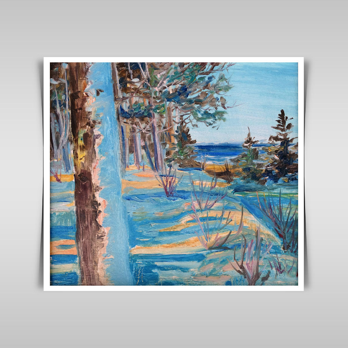 "Winter Serenity: Oil Painting of Snow-Covered Pine Trees by the Sea."