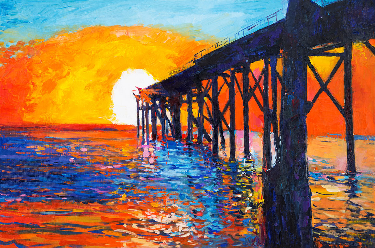 "Golden Sunset Serenity: Modern Impressionist Oil Painting of a Pier on Canvas."