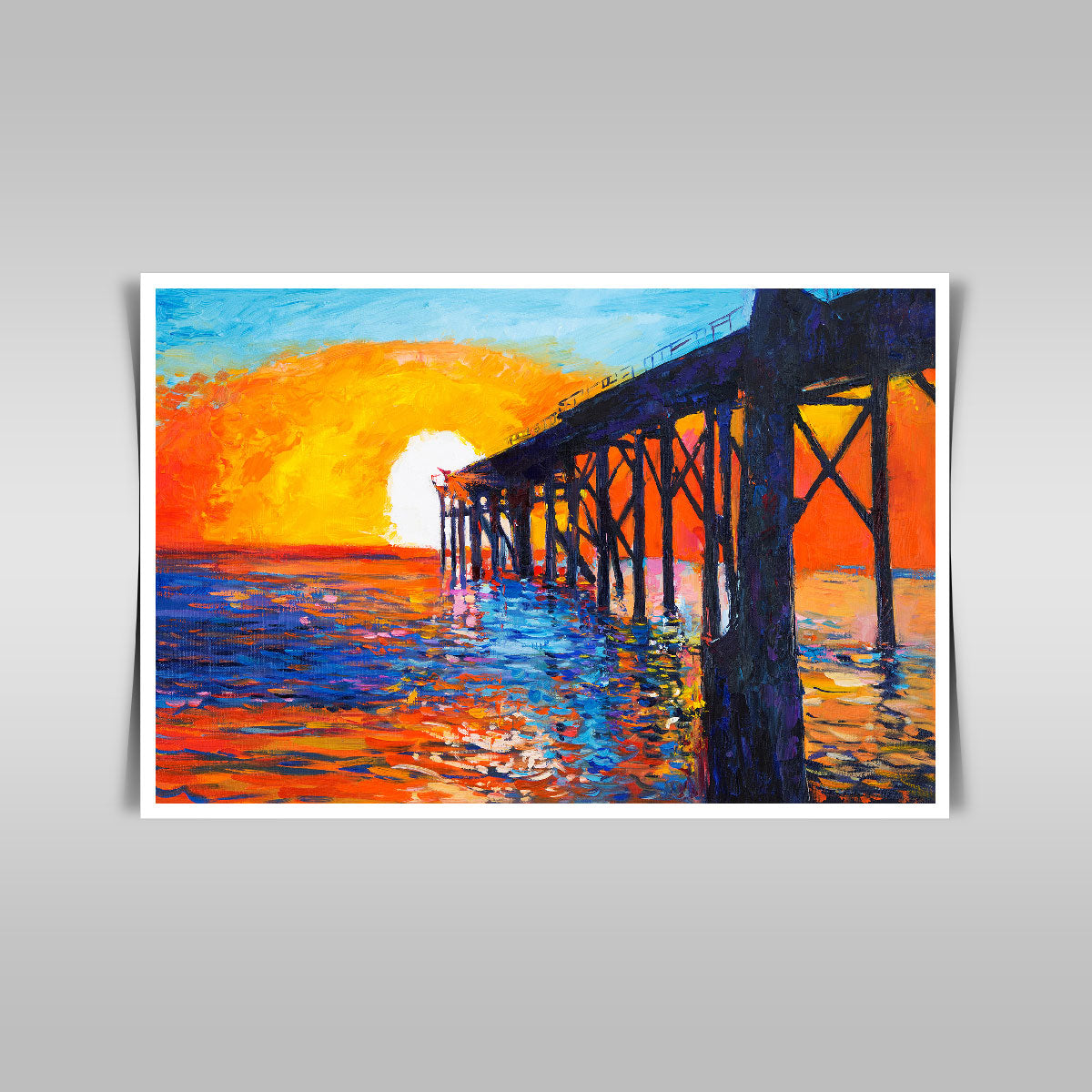 "Golden Sunset Serenity: Modern Impressionist Oil Painting of a Pier on Canvas."