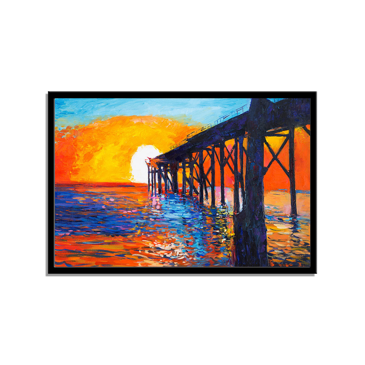 "Golden Sunset Serenity: Modern Impressionist Oil Painting of a Pier on Canvas."