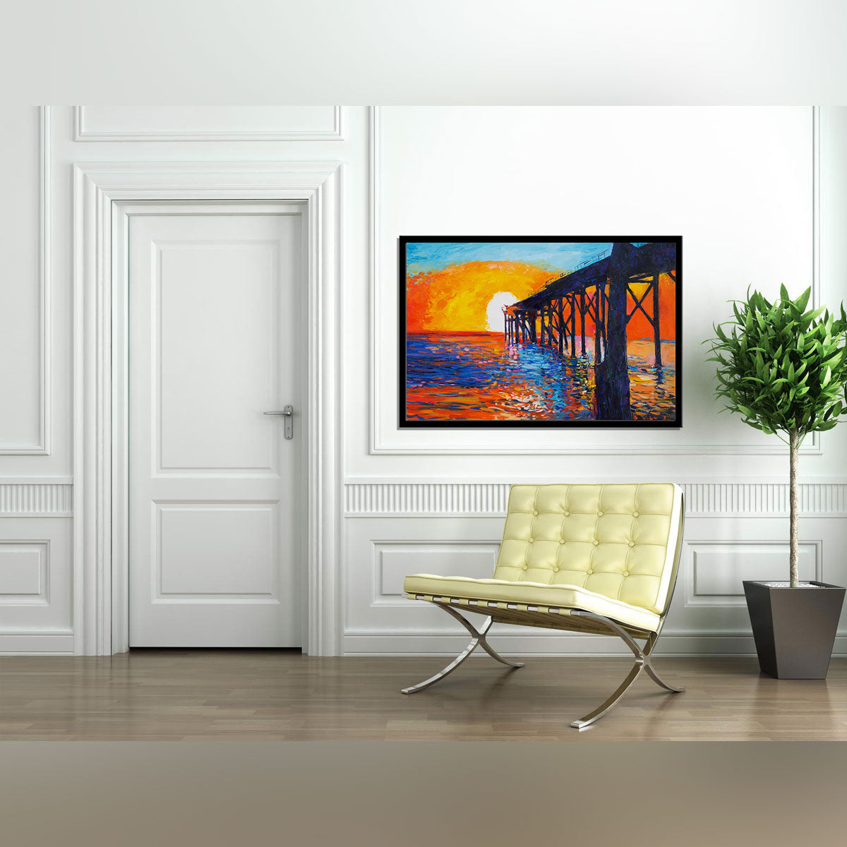 "Golden Sunset Serenity: Modern Impressionist Oil Painting of a Pier on Canvas."