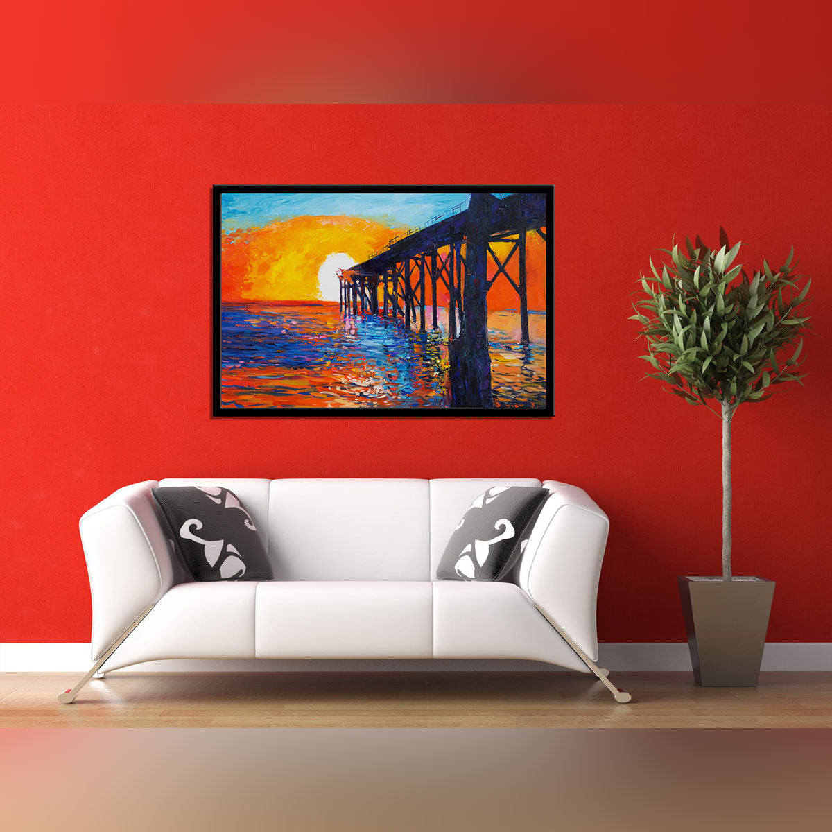 "Golden Sunset Serenity: Modern Impressionist Oil Painting of a Pier on Canvas."