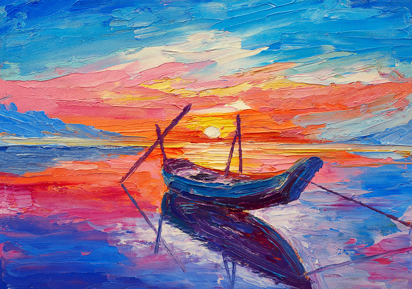 "Seaside Tranquility: Oil Painting of Fishing Boats on Canvas."