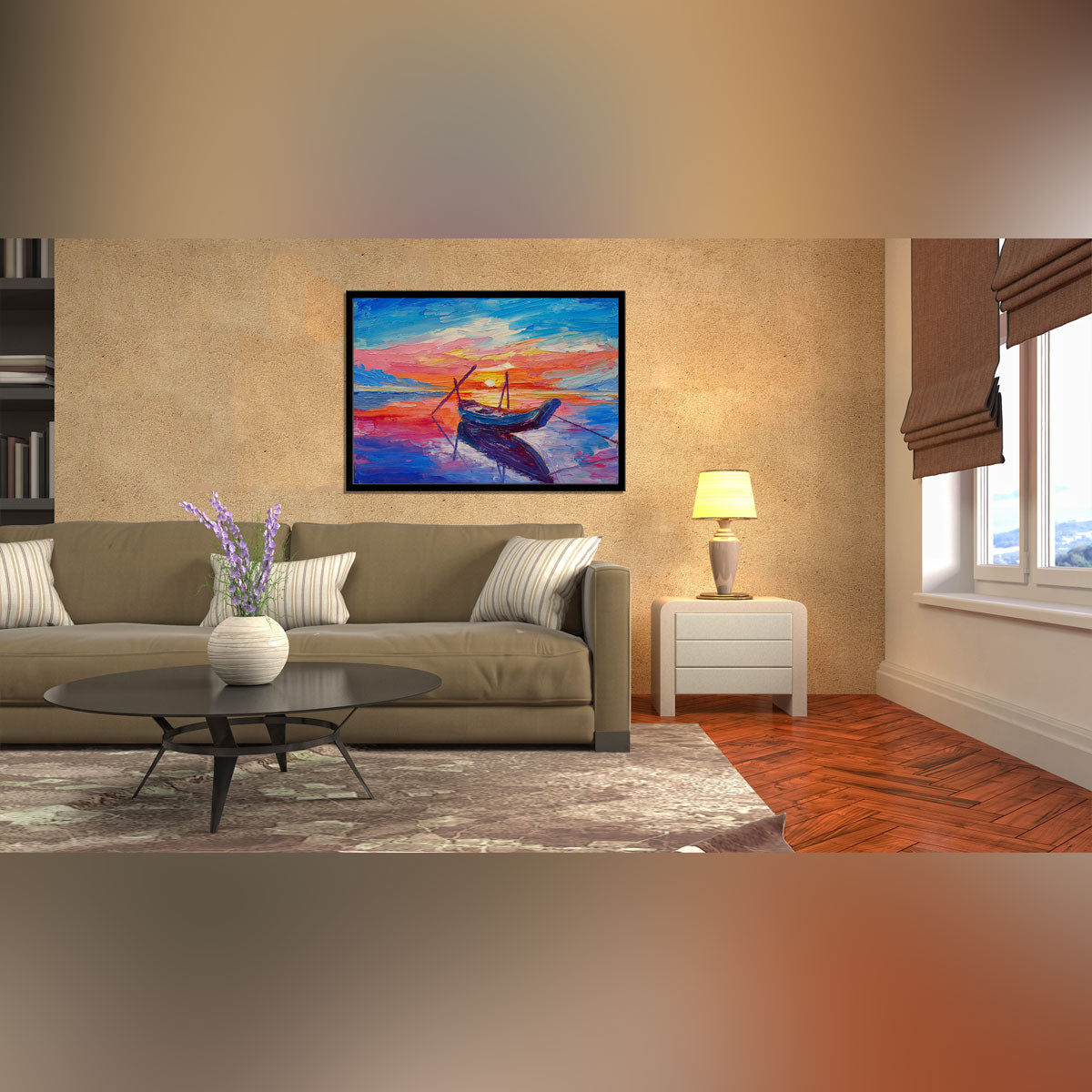 "Seaside Tranquility: Oil Painting of Fishing Boats on Canvas."