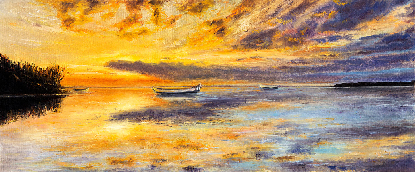 "Golden Sunset Panorama: Original Oil Painting of Boat and Sea."