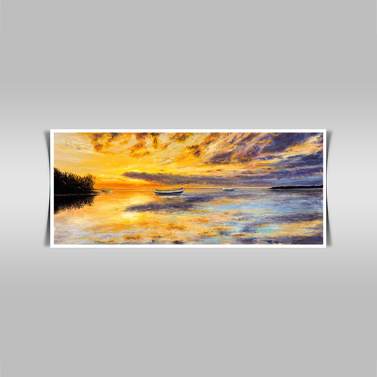 "Golden Sunset Panorama: Original Oil Painting of Boat and Sea."