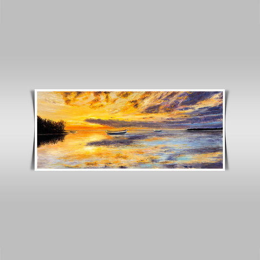 "Golden Sunset Panorama: Original Oil Painting of Boat and Sea."