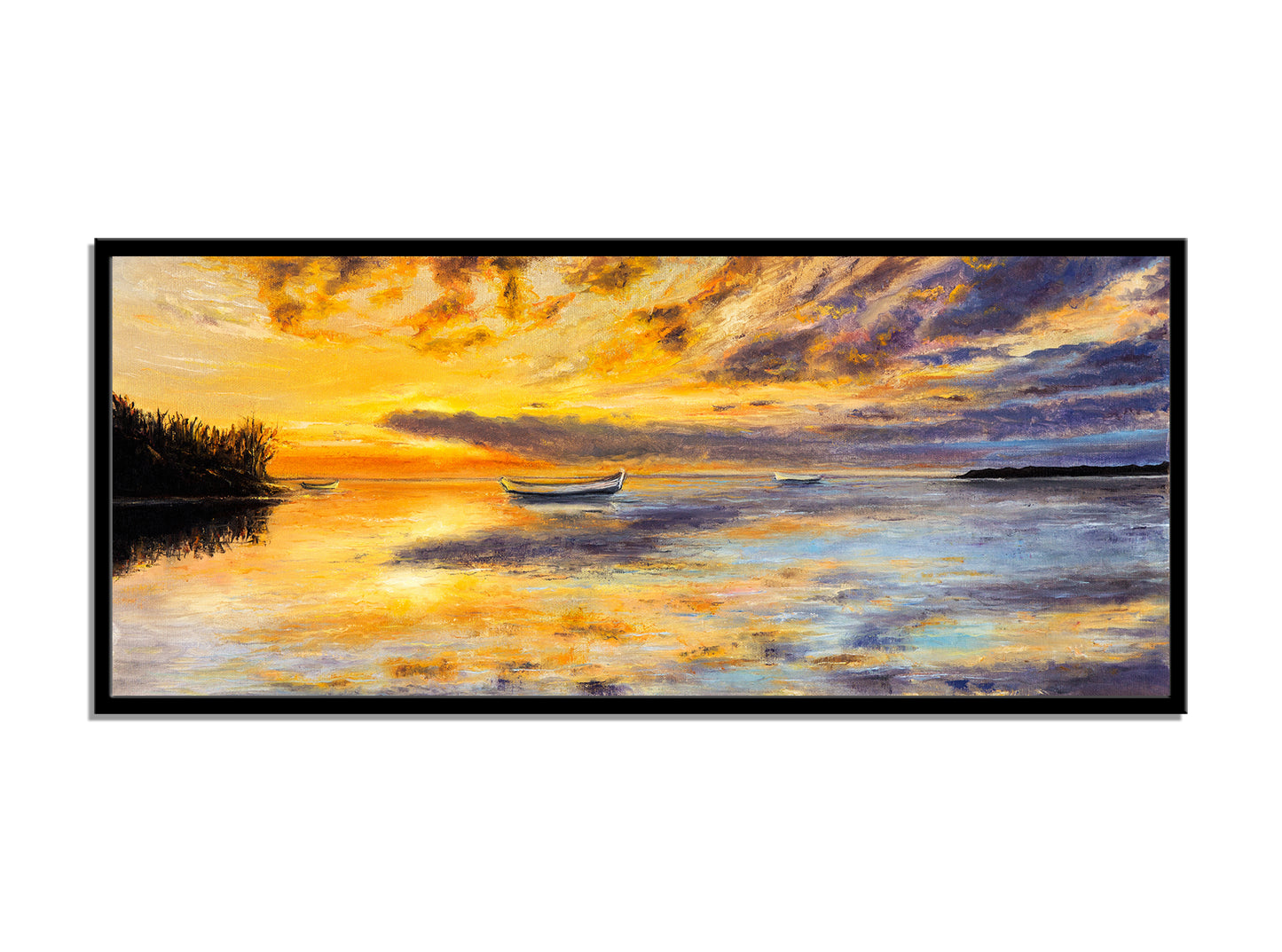 "Golden Sunset Panorama: Original Oil Painting of Boat and Sea."