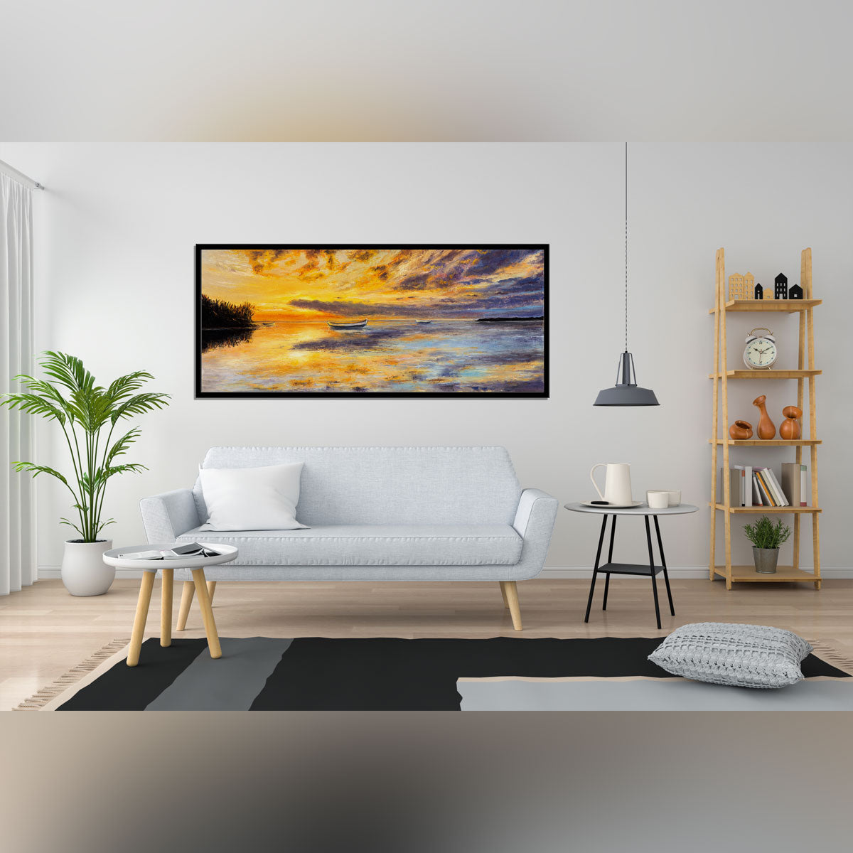 "Golden Sunset Panorama: Original Oil Painting of Boat and Sea."