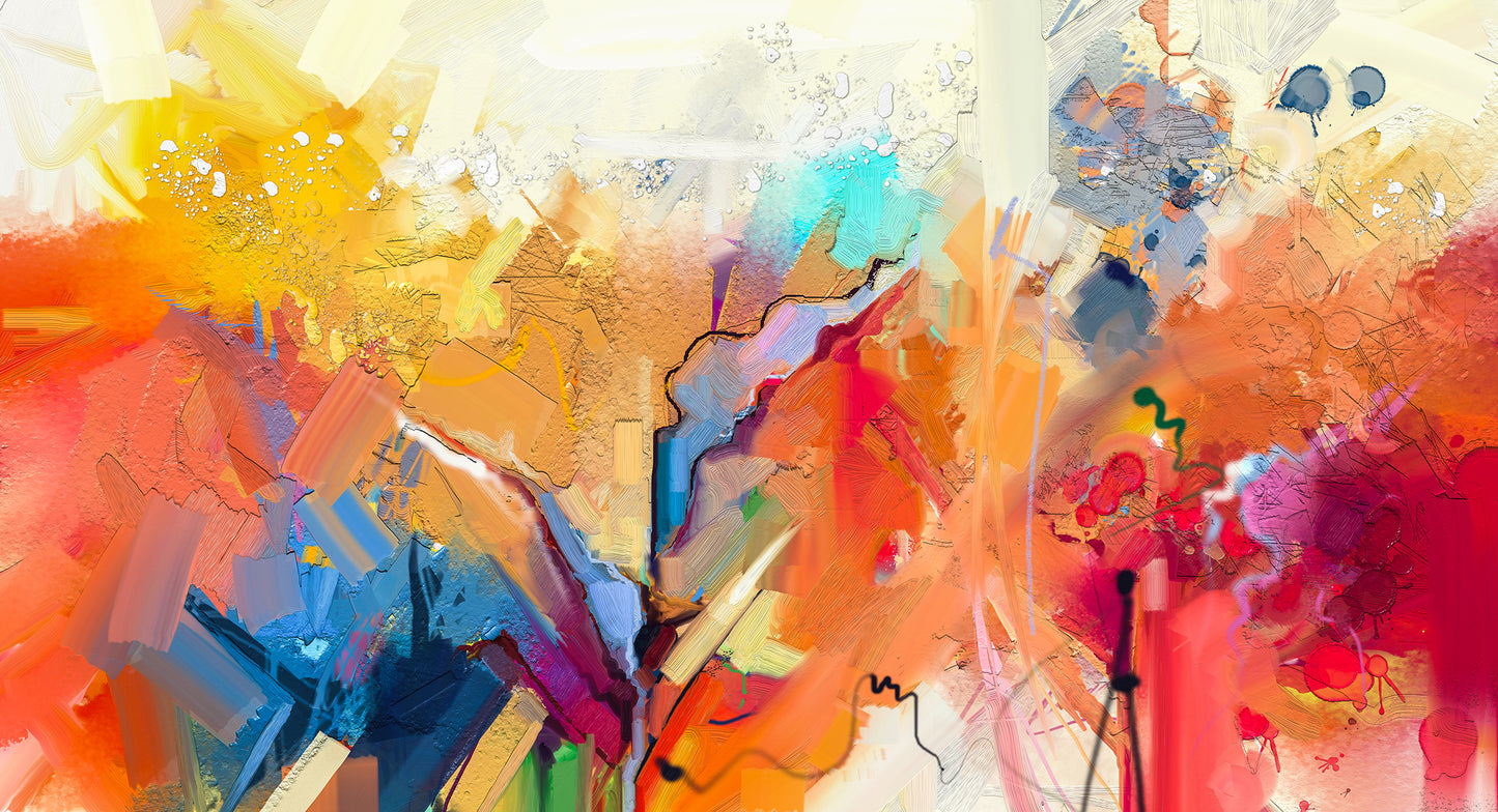 "Abstract Colorful Oil Painting: Hand-Drawn Brush Strokes on Canvas Texture."