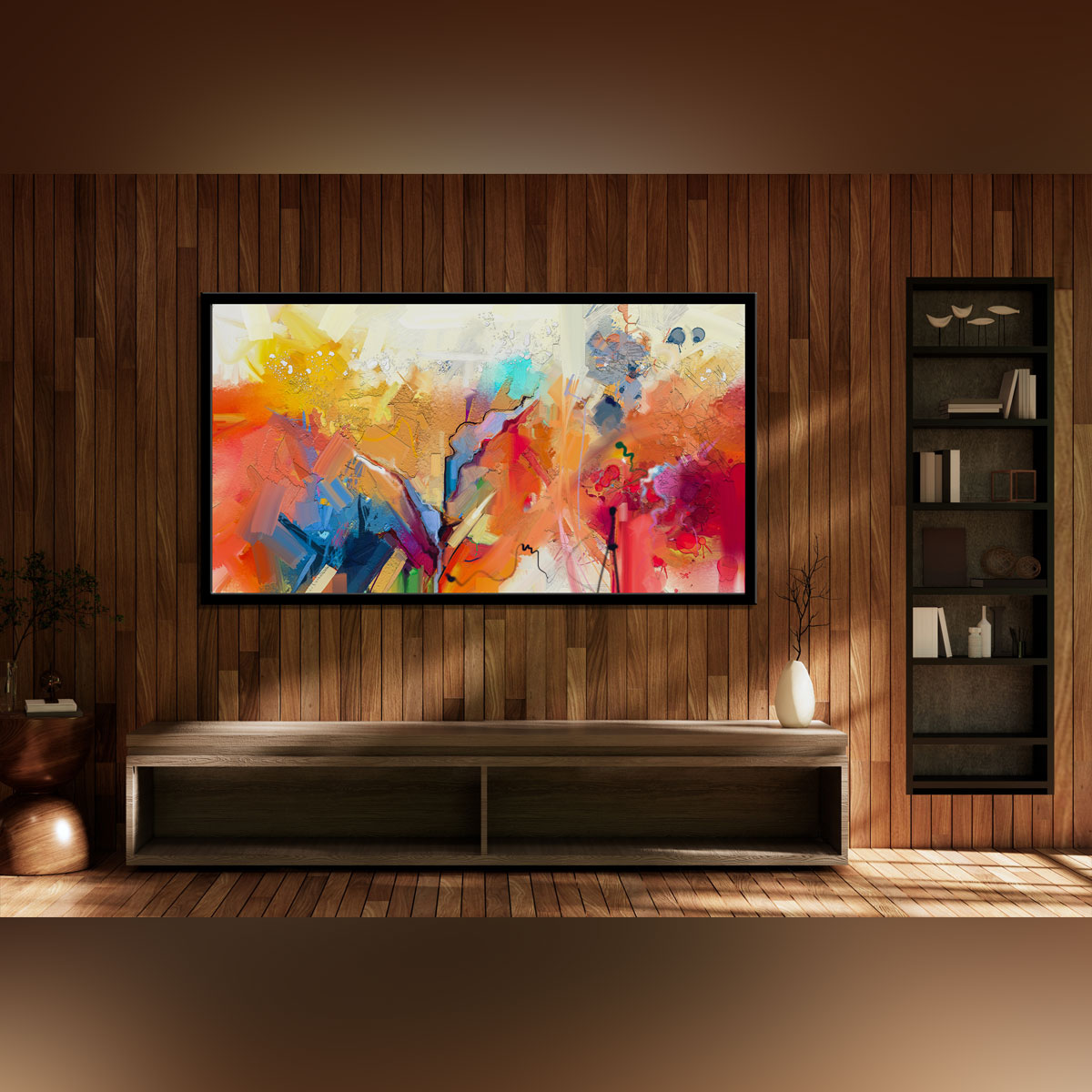 "Abstract Colorful Oil Painting: Hand-Drawn Brush Strokes on Canvas Texture."