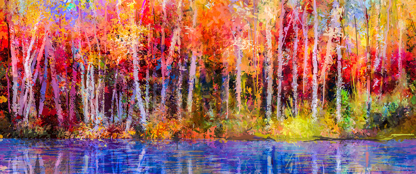 "Vibrant Autumn Trees: Semi-Abstract Oil Painting of Aspen Trees by the Lake."