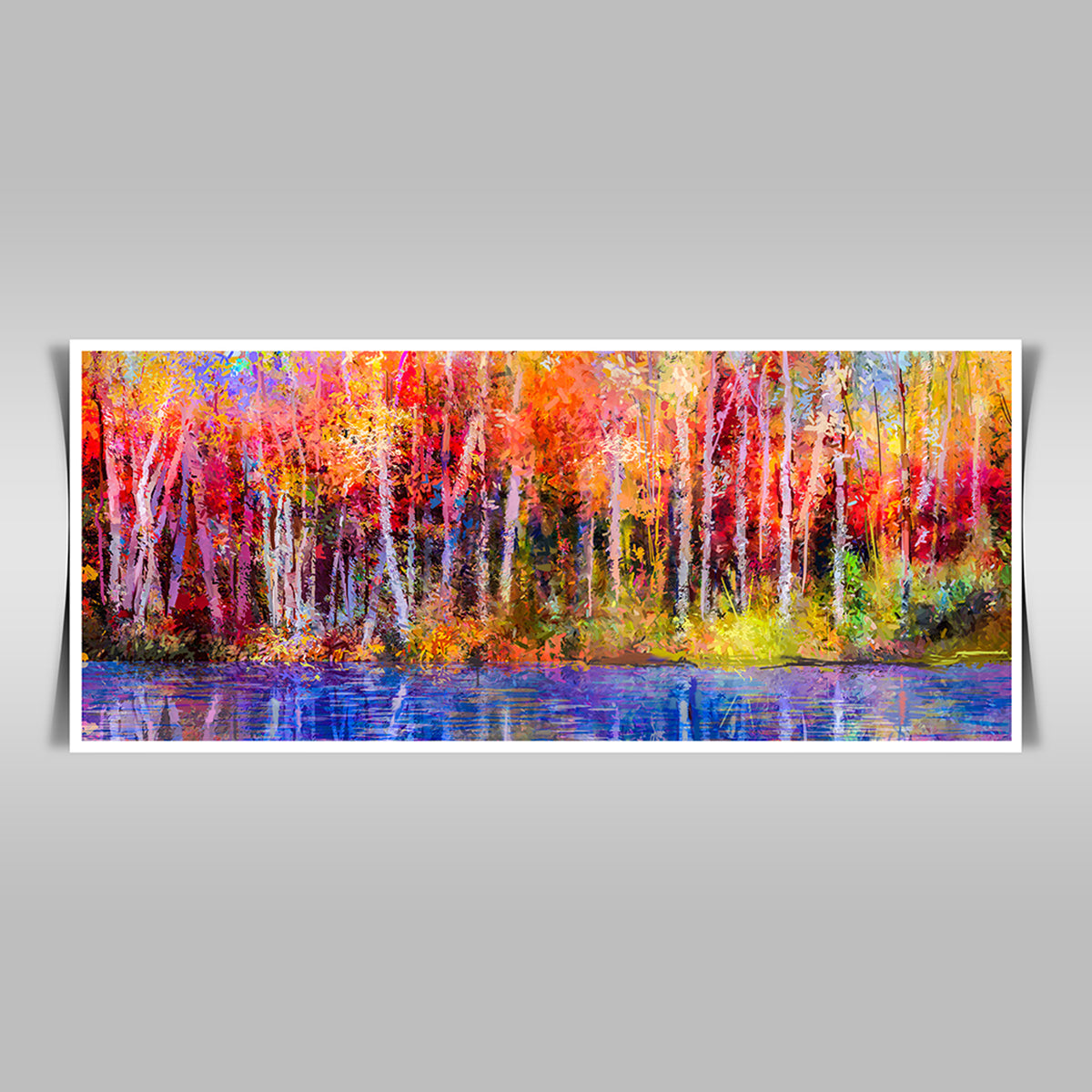 "Vibrant Autumn Trees: Semi-Abstract Oil Painting of Aspen Trees by the Lake."