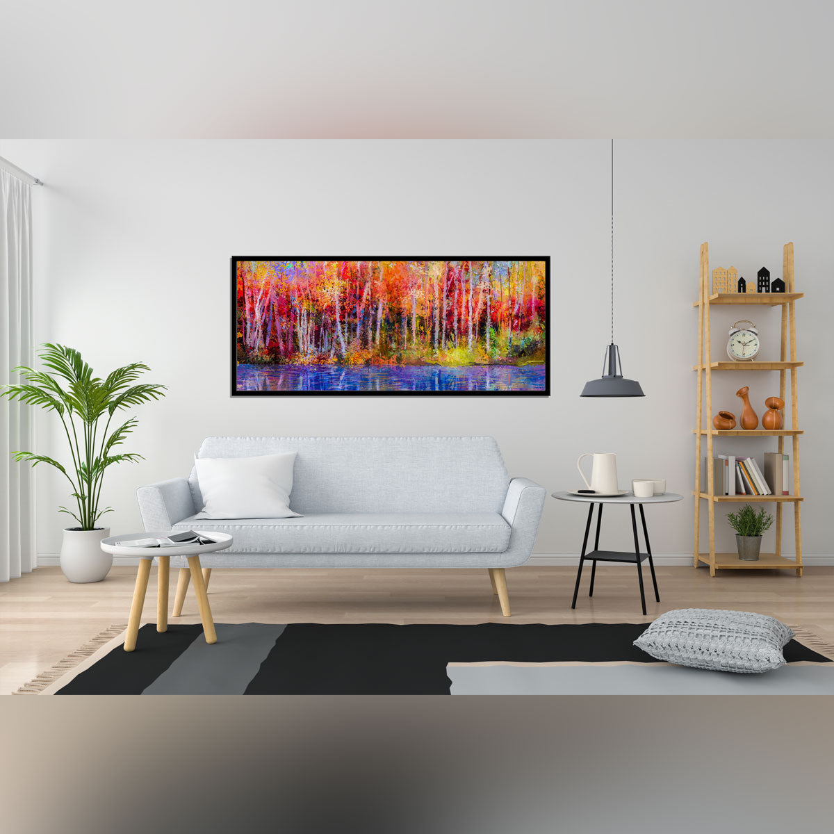 "Vibrant Autumn Trees: Semi-Abstract Oil Painting of Aspen Trees by the Lake."