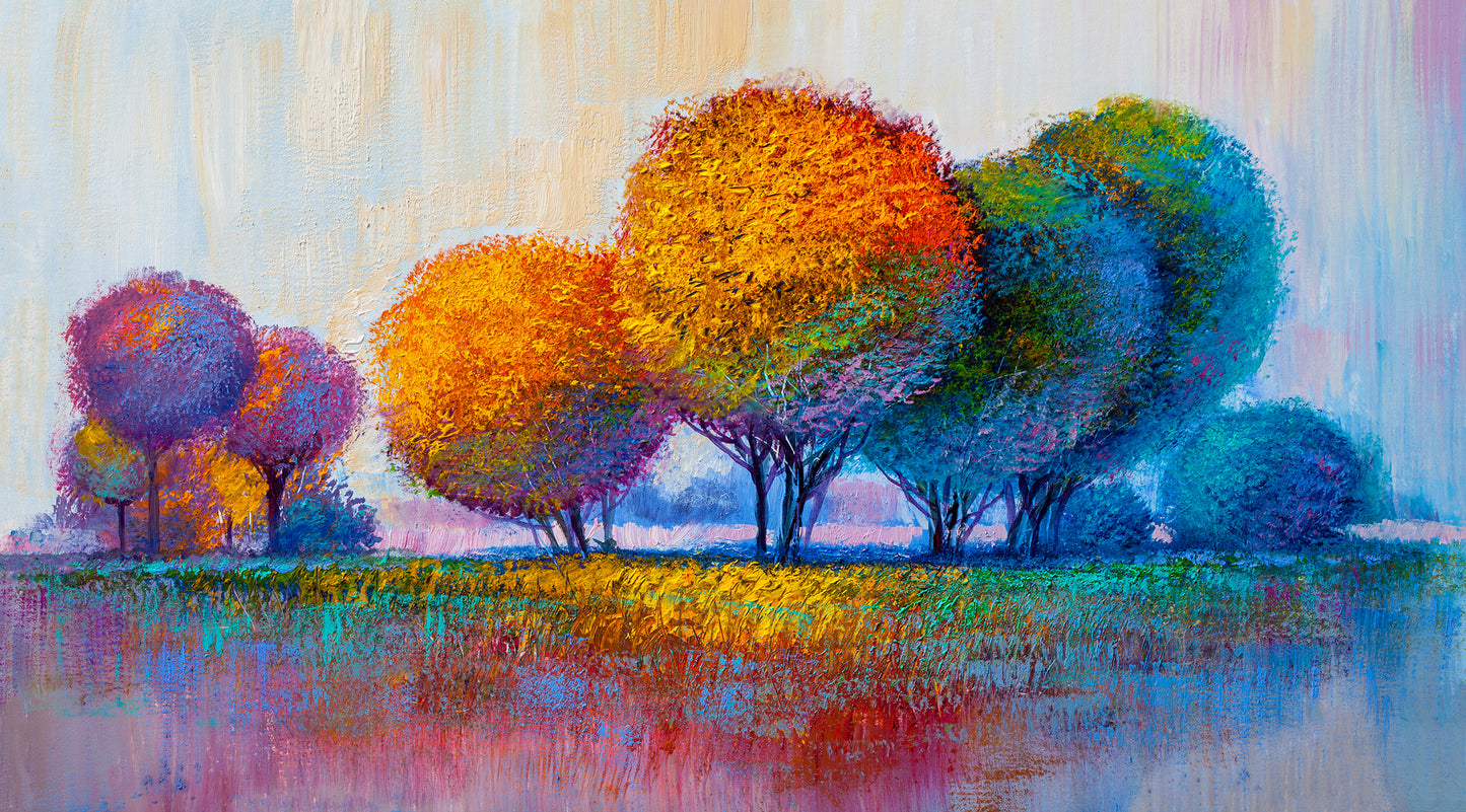 "Nature's Beauty in Oil: Colorful Trees in Hand-Painted Impressionist Landscape."