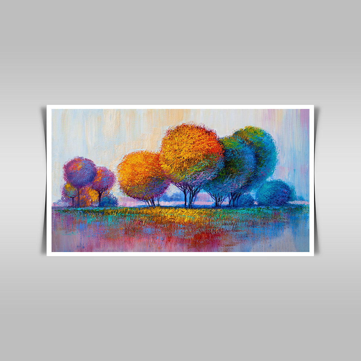 "Nature's Beauty in Oil: Colorful Trees in Hand-Painted Impressionist Landscape."