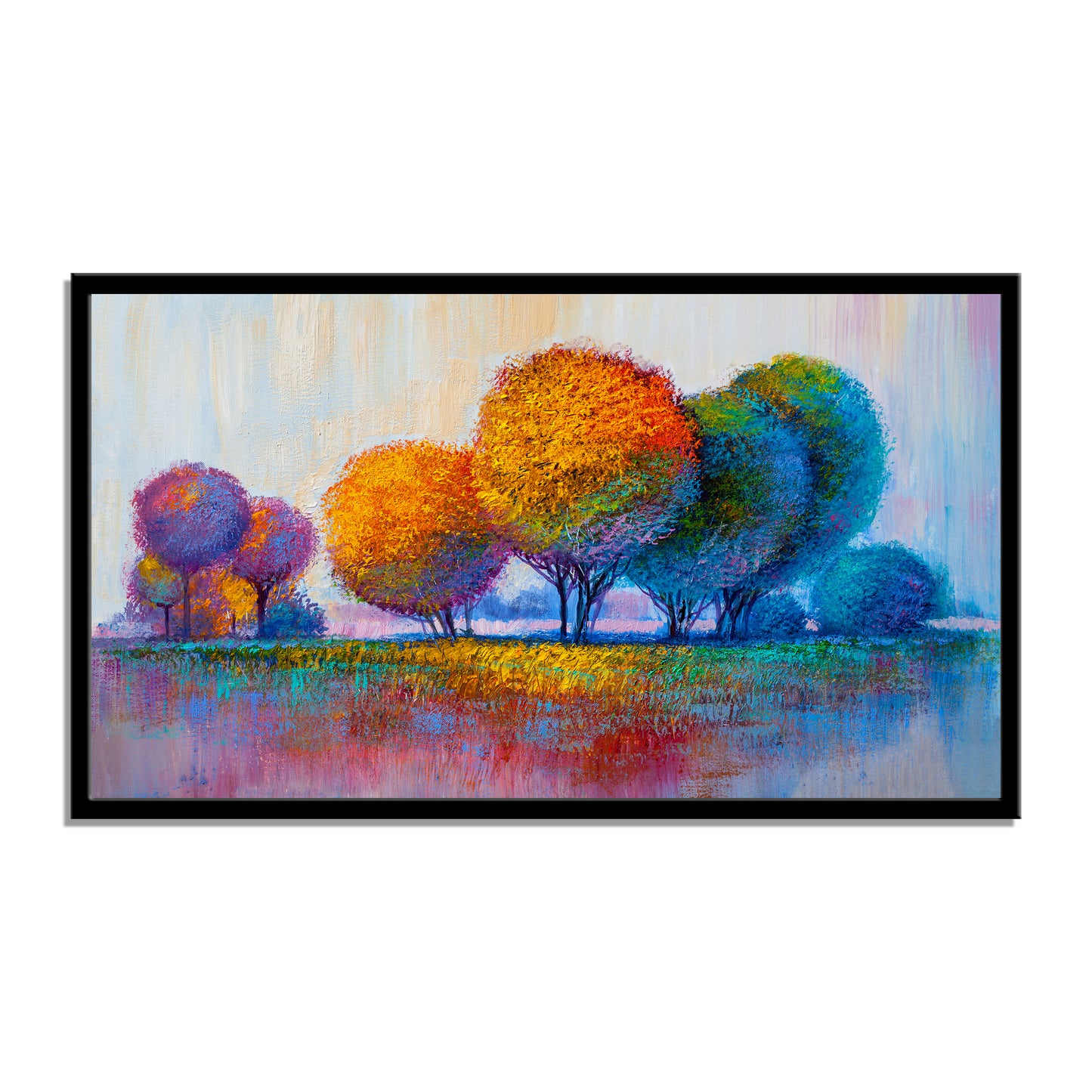 "Nature's Beauty in Oil: Colorful Trees in Hand-Painted Impressionist Landscape."