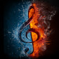 "Harmonious Contrast: Treble Clef in Fire and Water for Concert Poster."