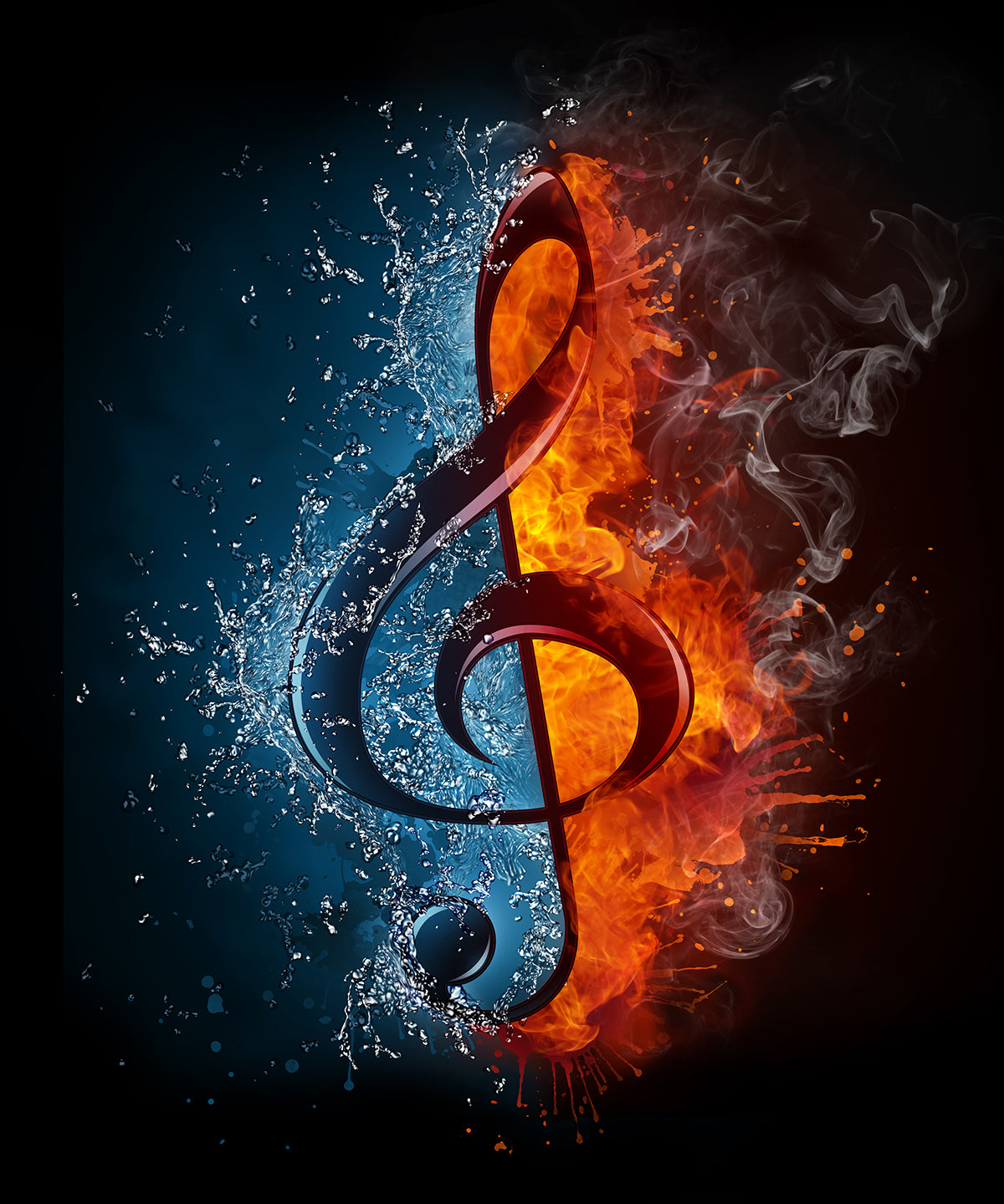 "Harmonious Contrast: Treble Clef in Fire and Water for Concert Poster."