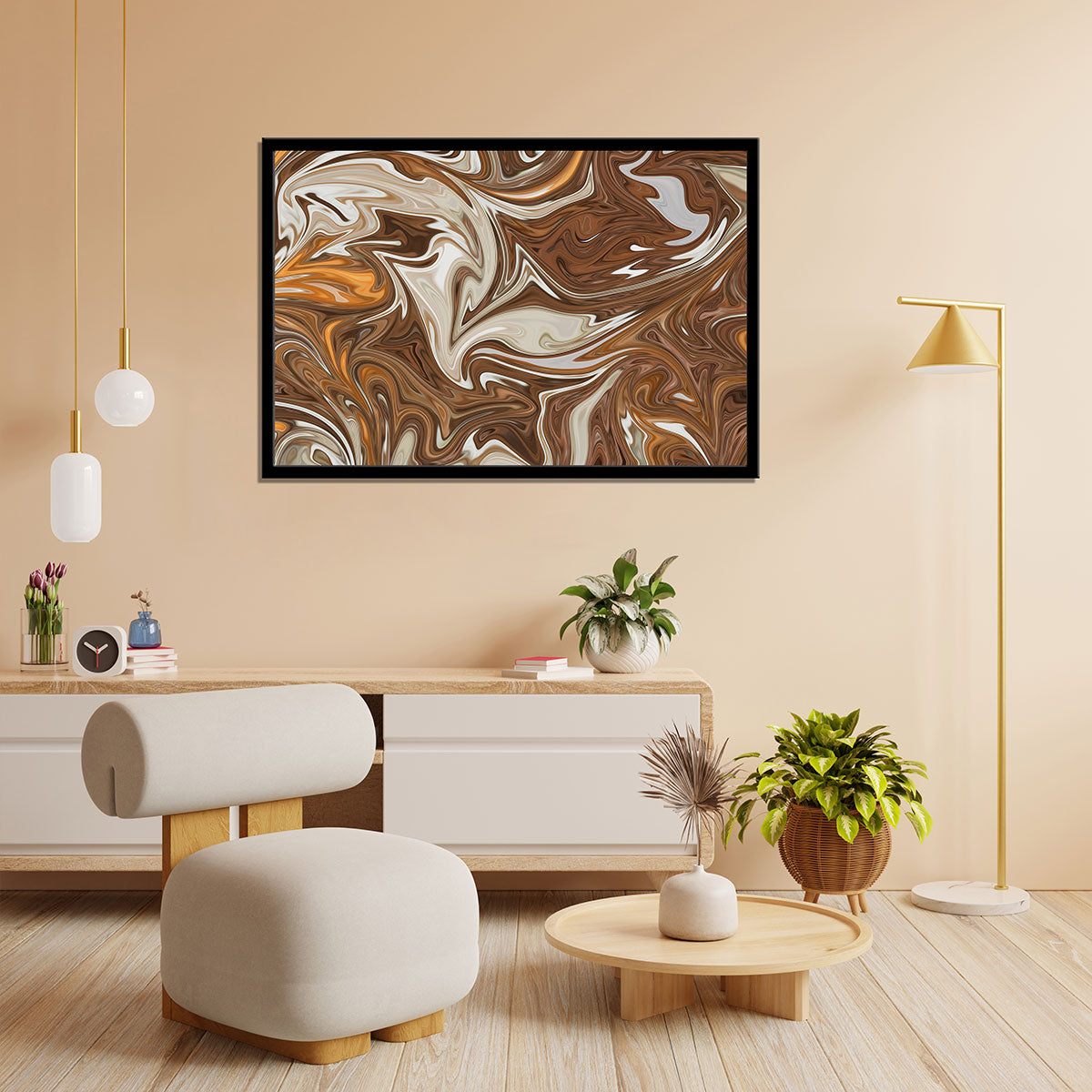 "Liquify Abstract Pattern: Flowing Artistry in Brown, White, and Yellow."