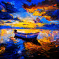 "Modern Impressionism: Original Oil Painting of a Sunset Sky and Boat on Canvas."