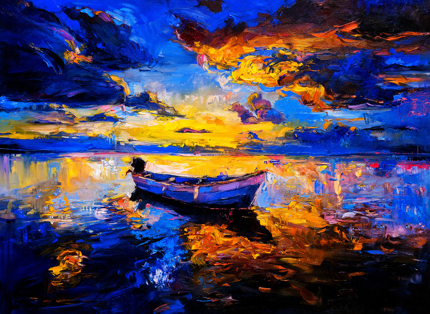 "Modern Impressionism: Original Oil Painting of a Sunset Sky and Boat on Canvas."