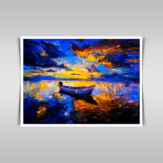 "Modern Impressionism: Original Oil Painting of a Sunset Sky and Boat on Canvas."