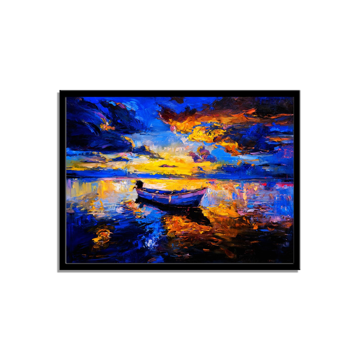 "Modern Impressionism: Original Oil Painting of a Sunset Sky and Boat on Canvas."