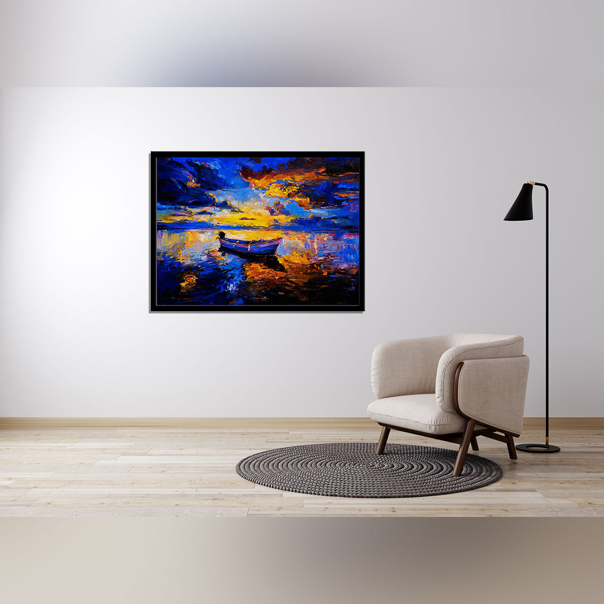 "Modern Impressionism: Original Oil Painting of a Sunset Sky and Boat on Canvas."