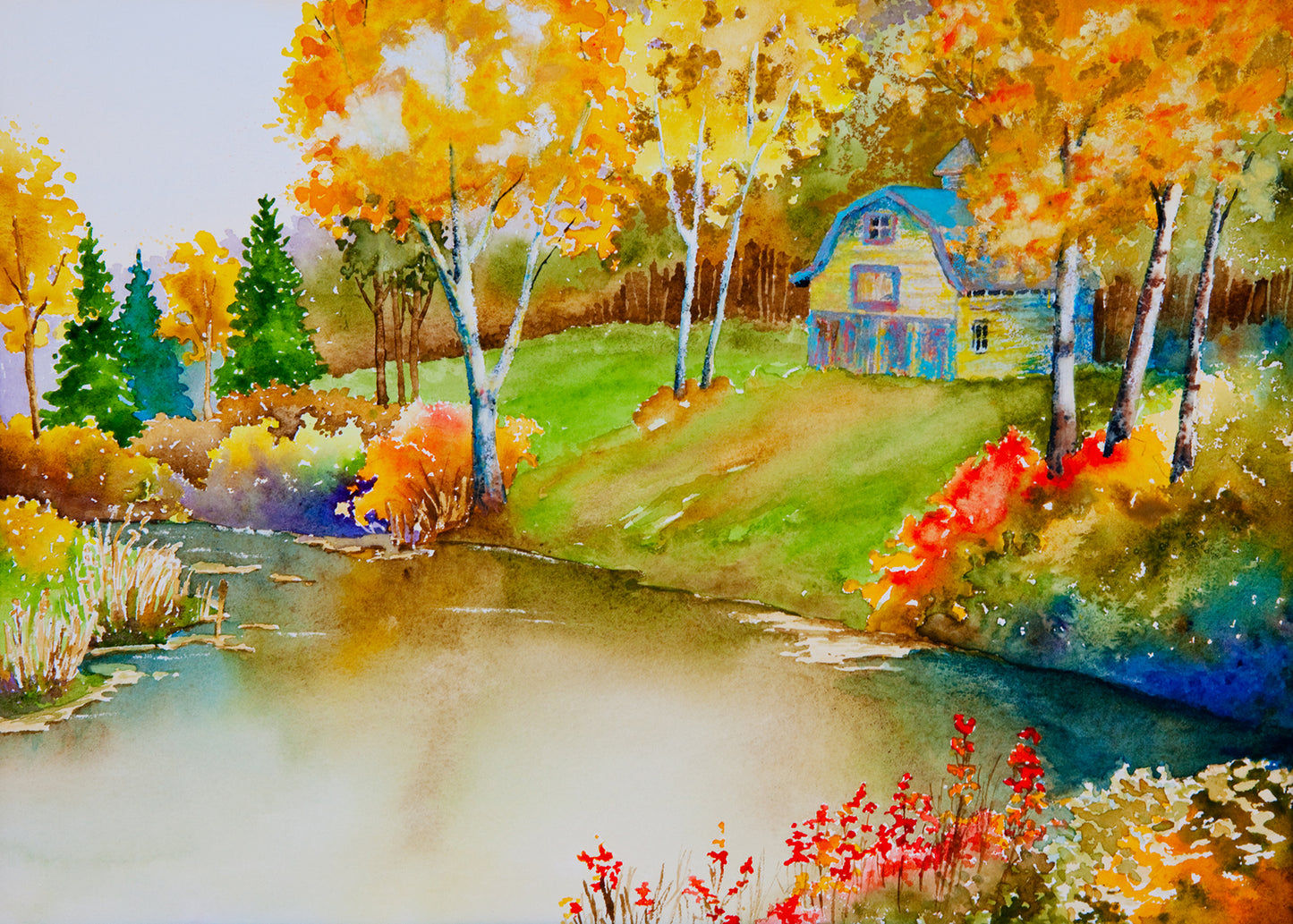 "Autumn Serenity: An Original Watercolor Painting of an Old Barn by a Quiet Pond."