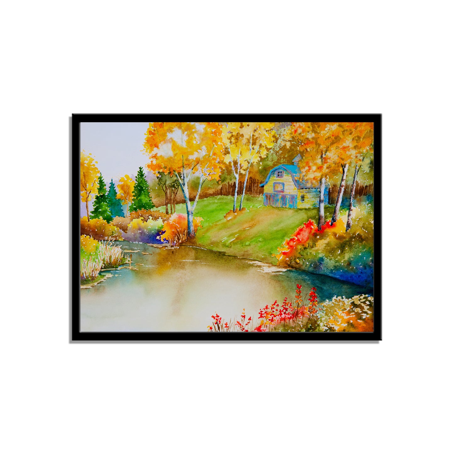 "Autumn Serenity: An Original Watercolor Painting of an Old Barn by a Quiet Pond."