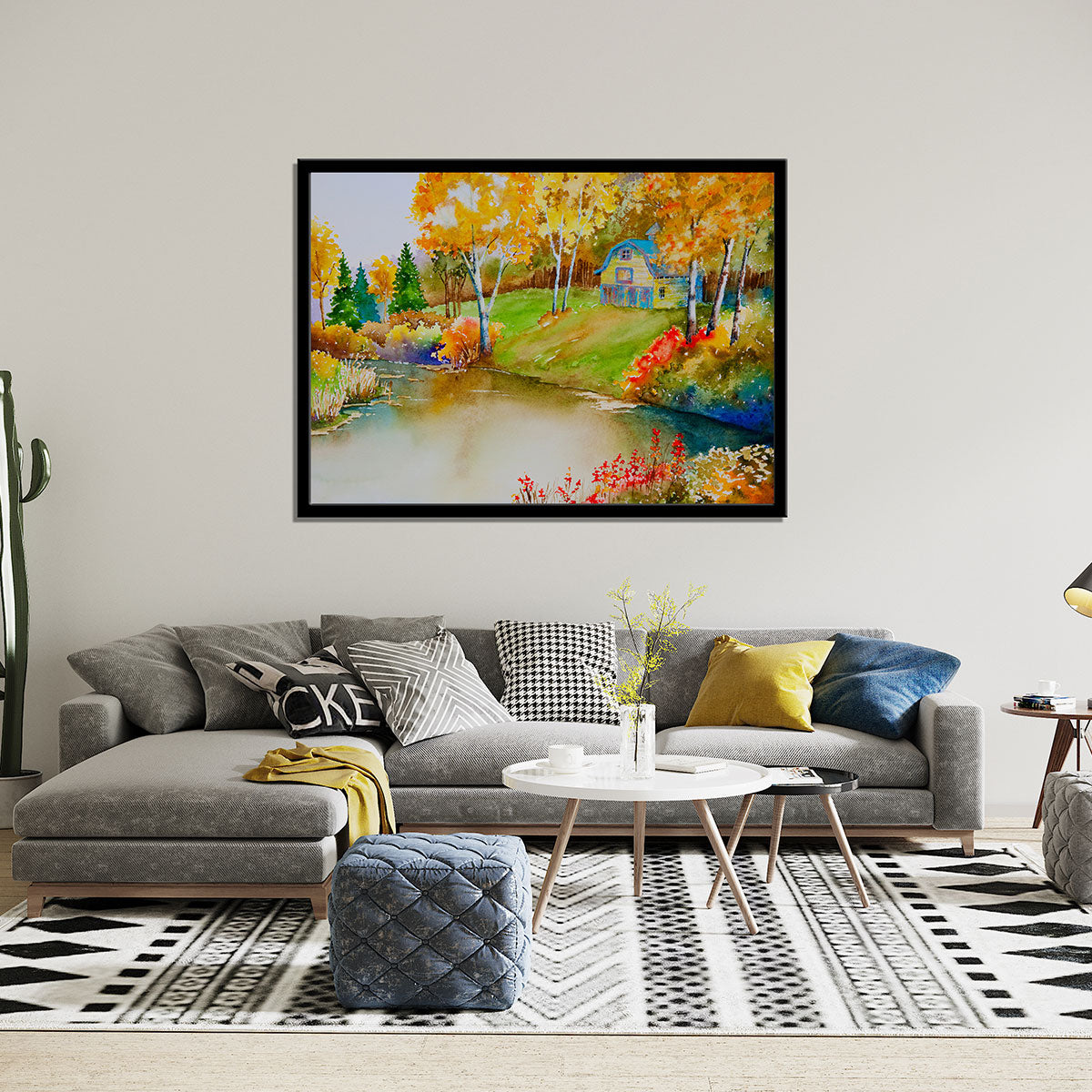 "Autumn Serenity: An Original Watercolor Painting of an Old Barn by a Quiet Pond."