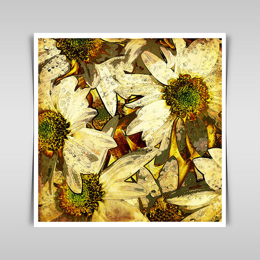 "Colorful vintage background adorned with gold and white chamomiles, artistic."