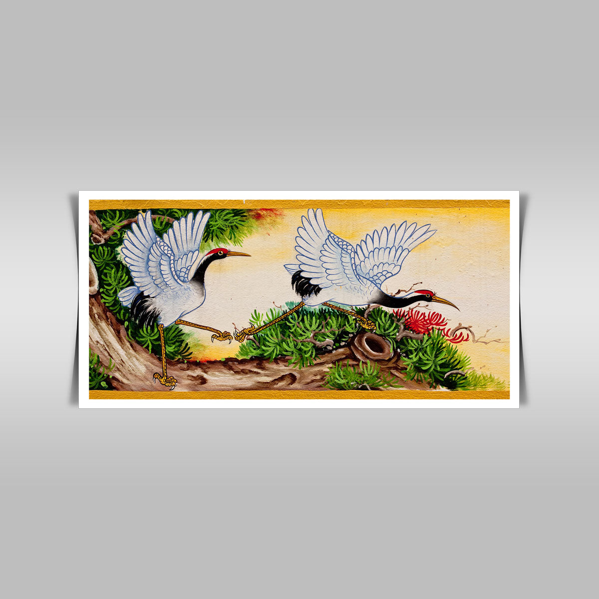 "Elegant Crane Couple: A Beautiful Wall Painting."