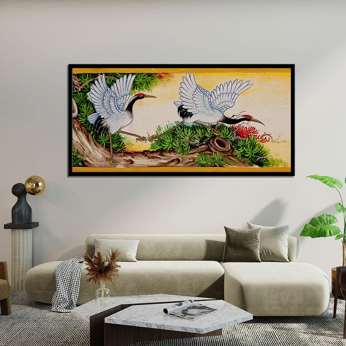 "Elegant Crane Couple: A Beautiful Wall Painting."