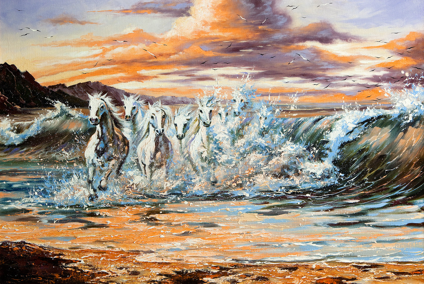 "Horses in Motion: An Artistic Depiction of Freedom Amidst the Waves."