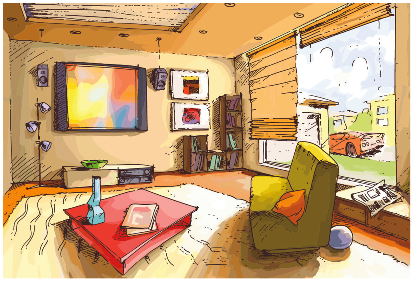 "Sunlit Cozy Living Room: A Layered Vector Image of Serenity."