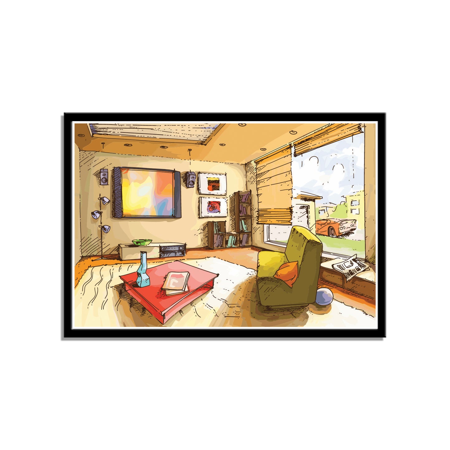 "Sunlit Cozy Living Room: A Layered Vector Image of Serenity."