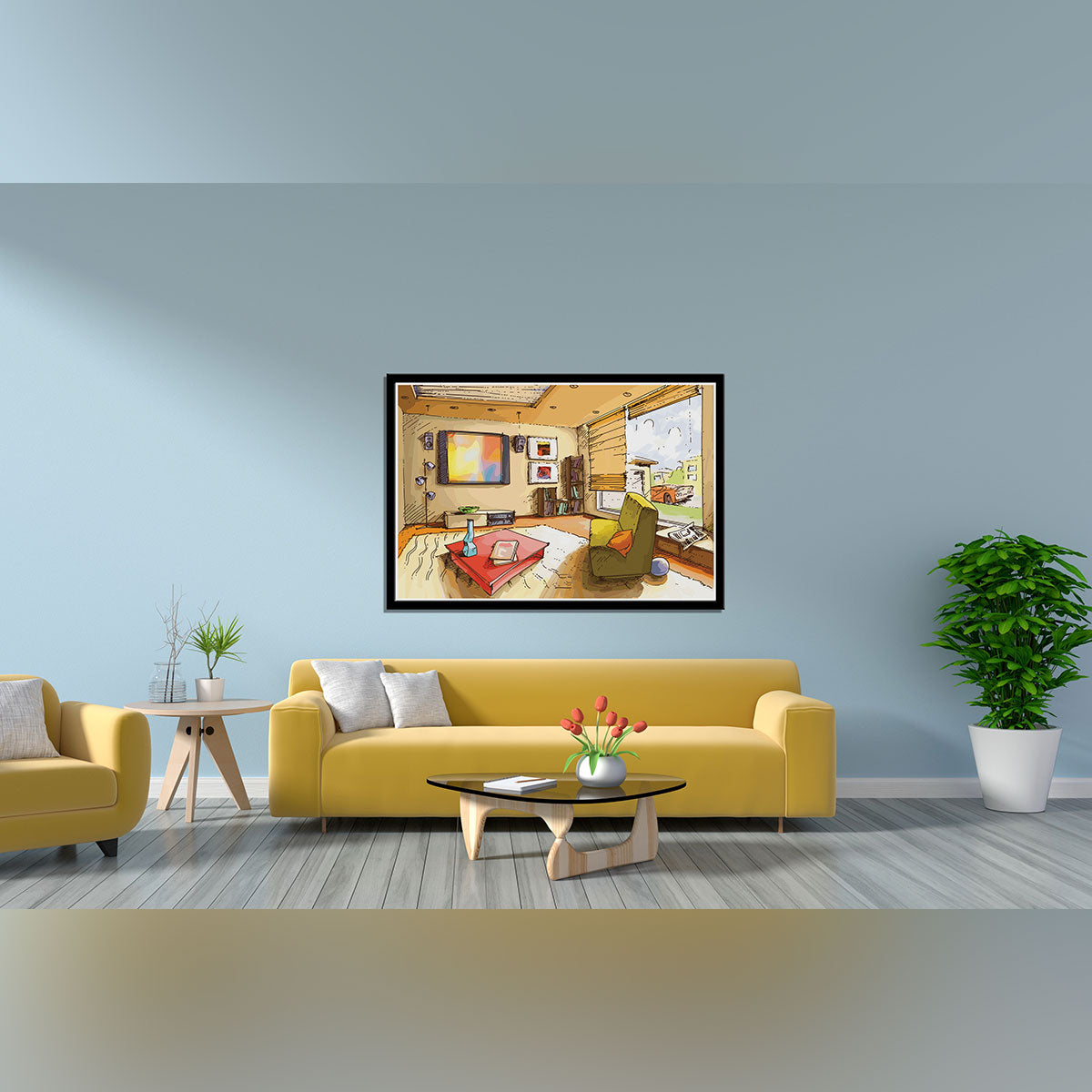 "Sunlit Cozy Living Room: A Layered Vector Image of Serenity."