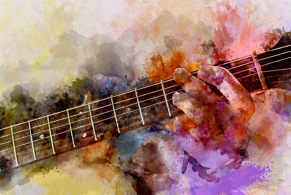 "Harmonious Fusion: Abstract Guitar in Colorful Watercolor Painting Setting."