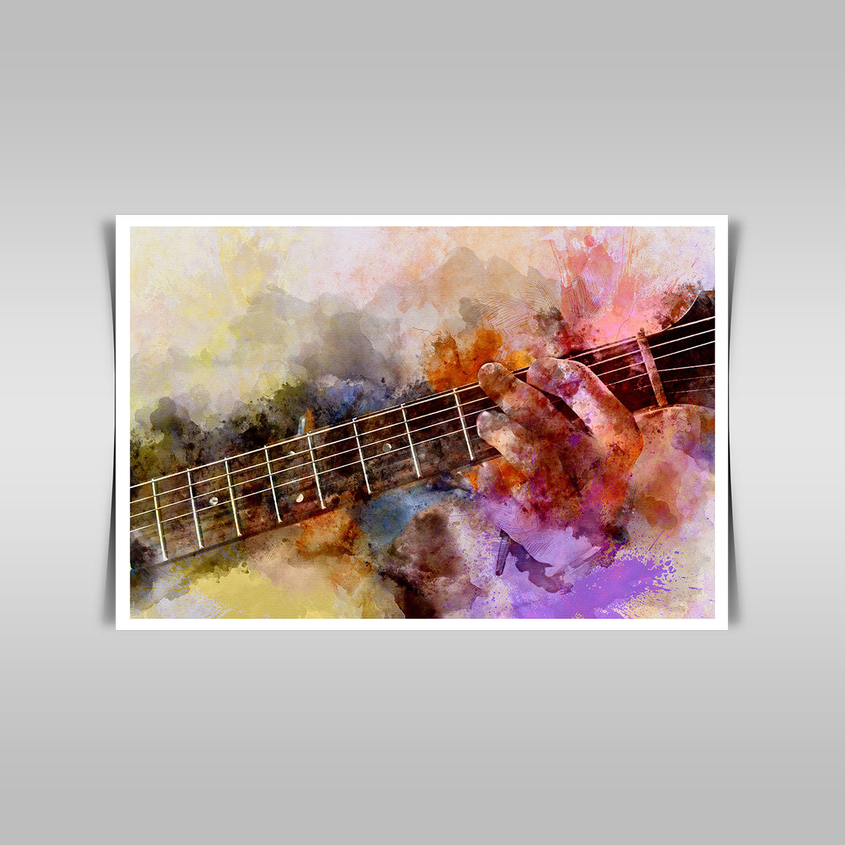 "Harmonious Fusion: Abstract Guitar in Colorful Watercolor Painting Setting."