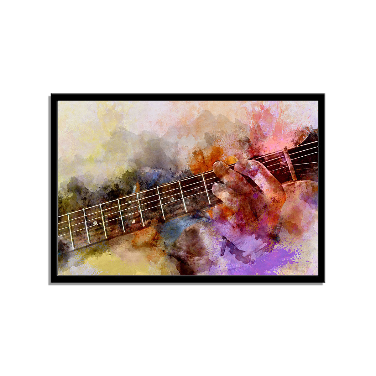 "Harmonious Fusion: Abstract Guitar in Colorful Watercolor Painting Setting."