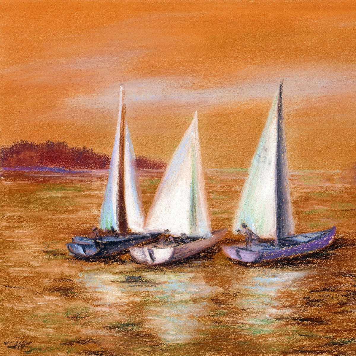 "Hand-Drawn Pastel Landscape with Yachts on the Serene Seashore."