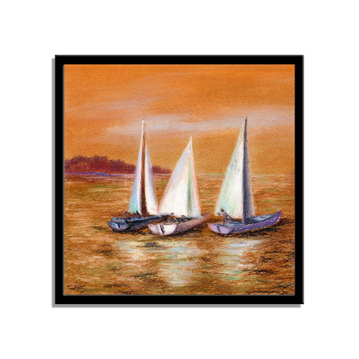 "Hand-Drawn Pastel Landscape with Yachts on the Serene Seashore."